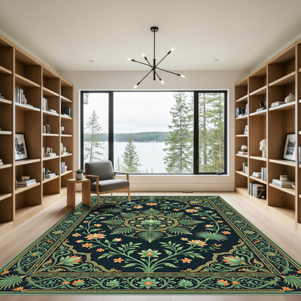 Elegant Sage Floral Lotus Medallion Rug