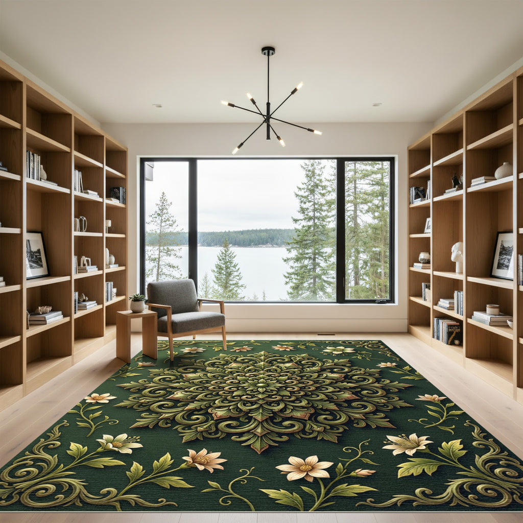 Sage Green Floral Ornate Medallion Rug