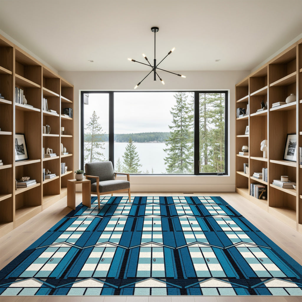 Modern Blue Geometric Beach Hut Grid Rug
