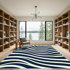 Midnight Blue Flowing Ivory Waves Rug