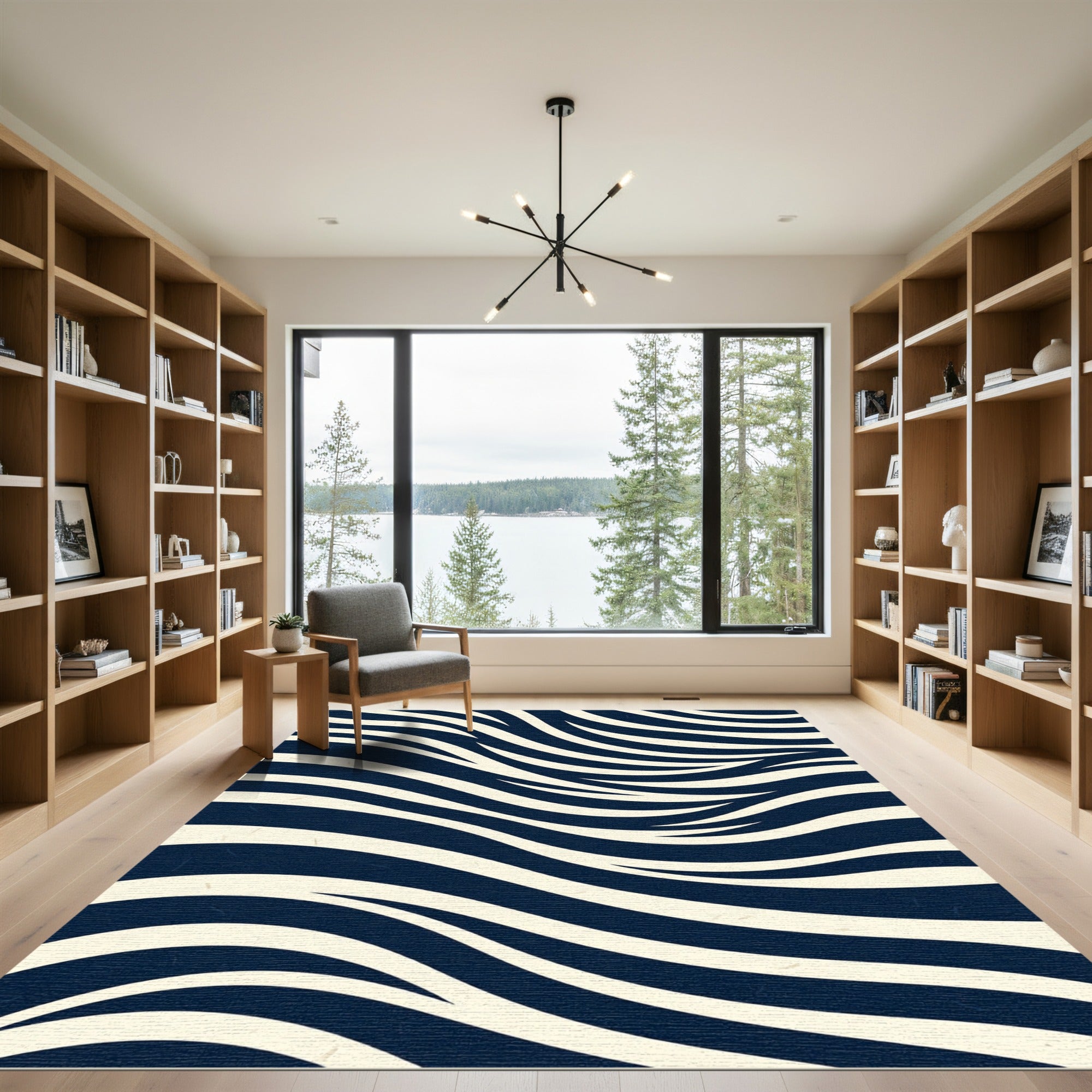 Midnight Blue Flowing Ivory Waves Rug
