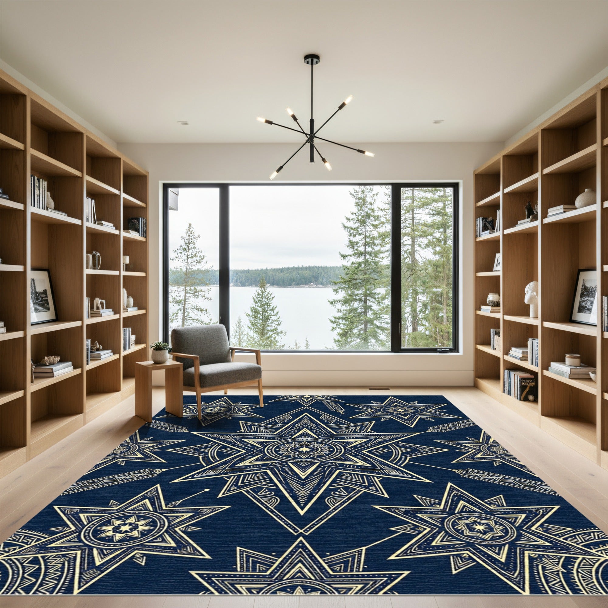 Midnight Blue Celestial Gold Starry Geometric Rug