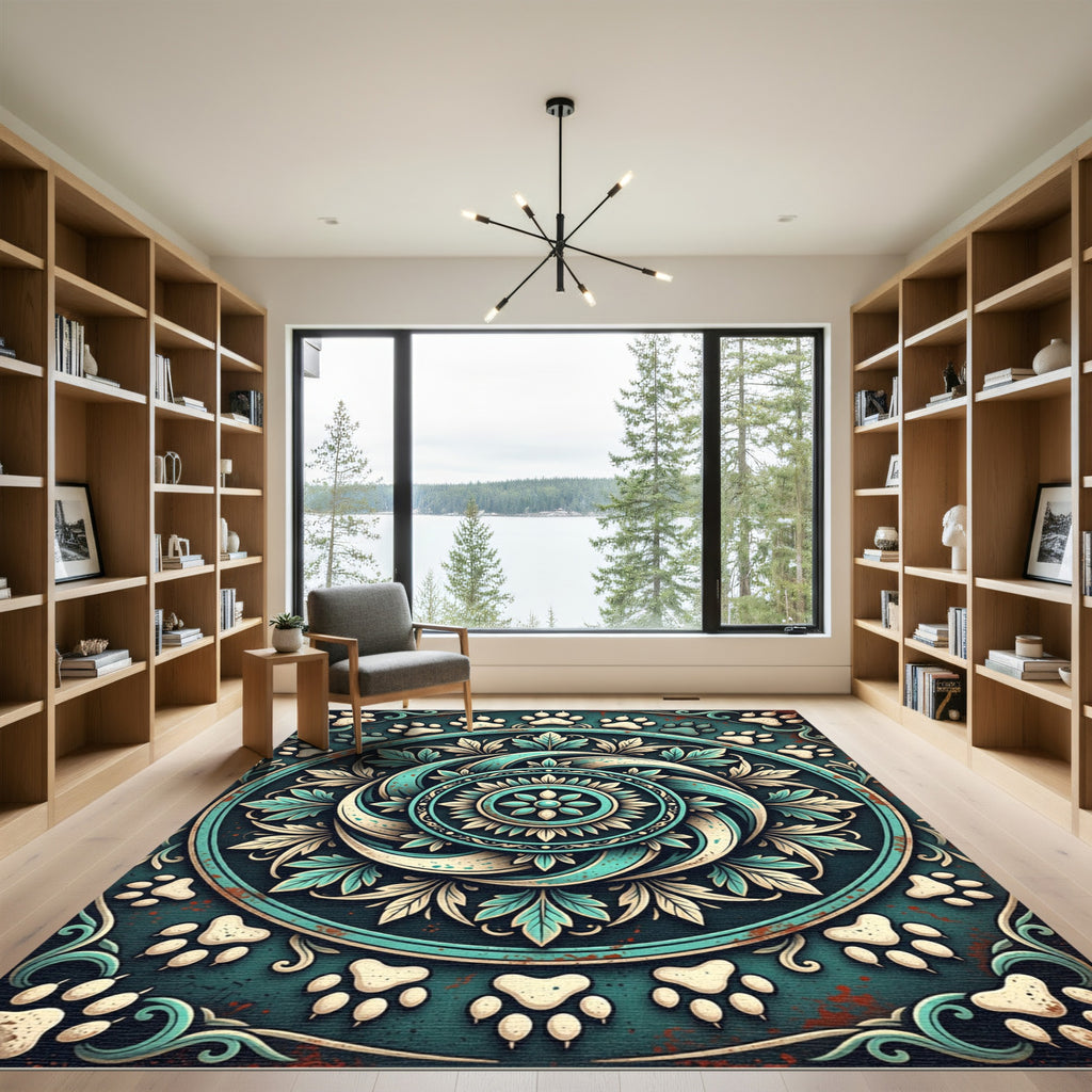 Teal Paw Print Mandala Scroll Rug