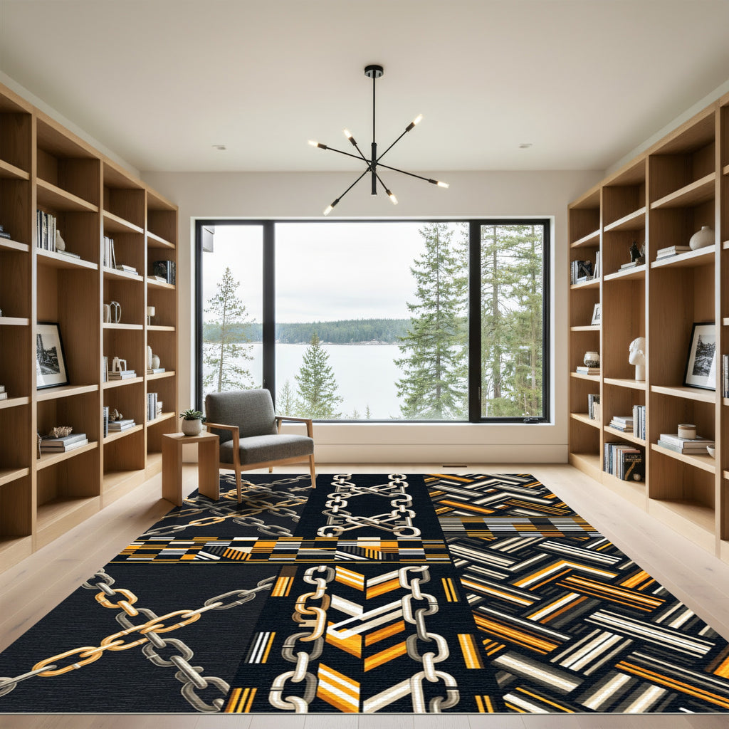 Bold Gold Chain Geometric Tributes Rug