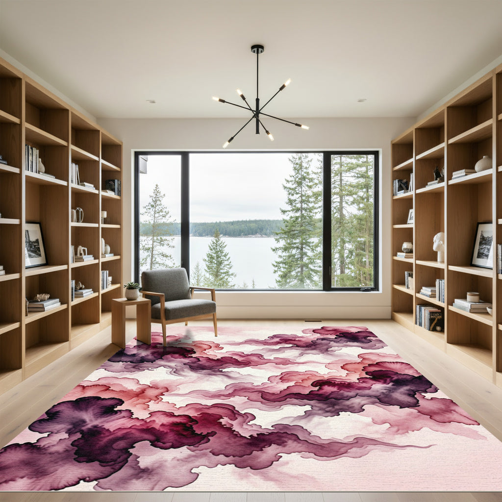 Ethereal Burgundy Watercolor Cloud Swirl Rug