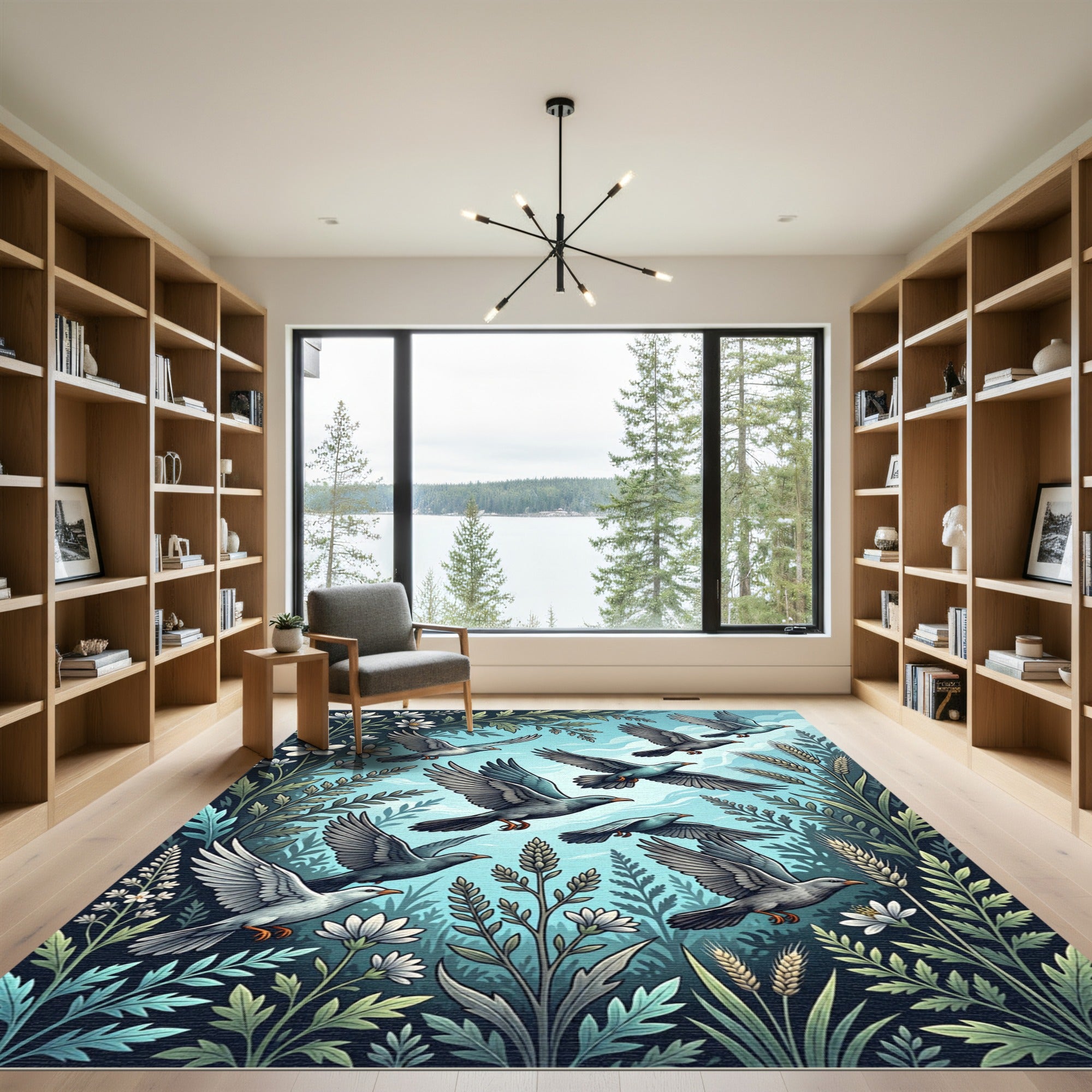 Whimsical Sky Blue Flying Bird Meadow Rug