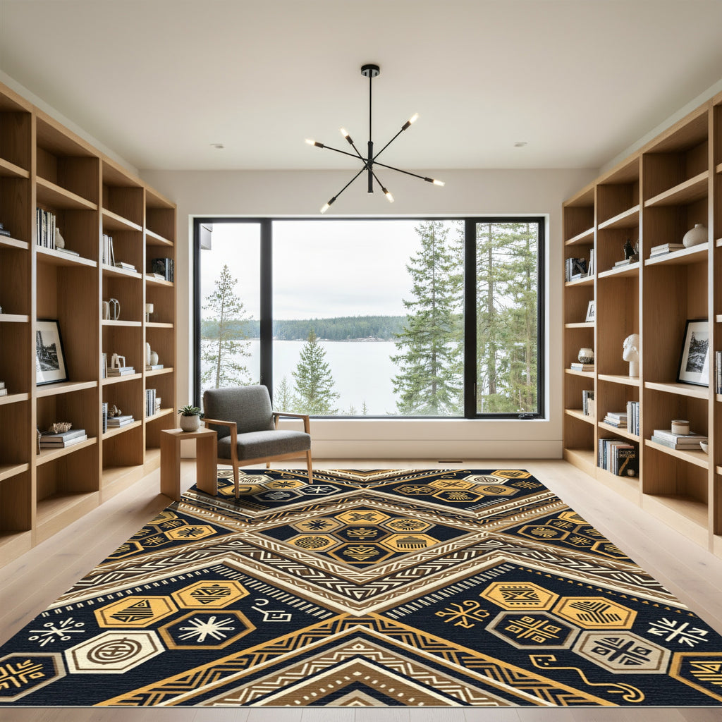 Tribal Gold Geometric Hexagon Zigzag Rug