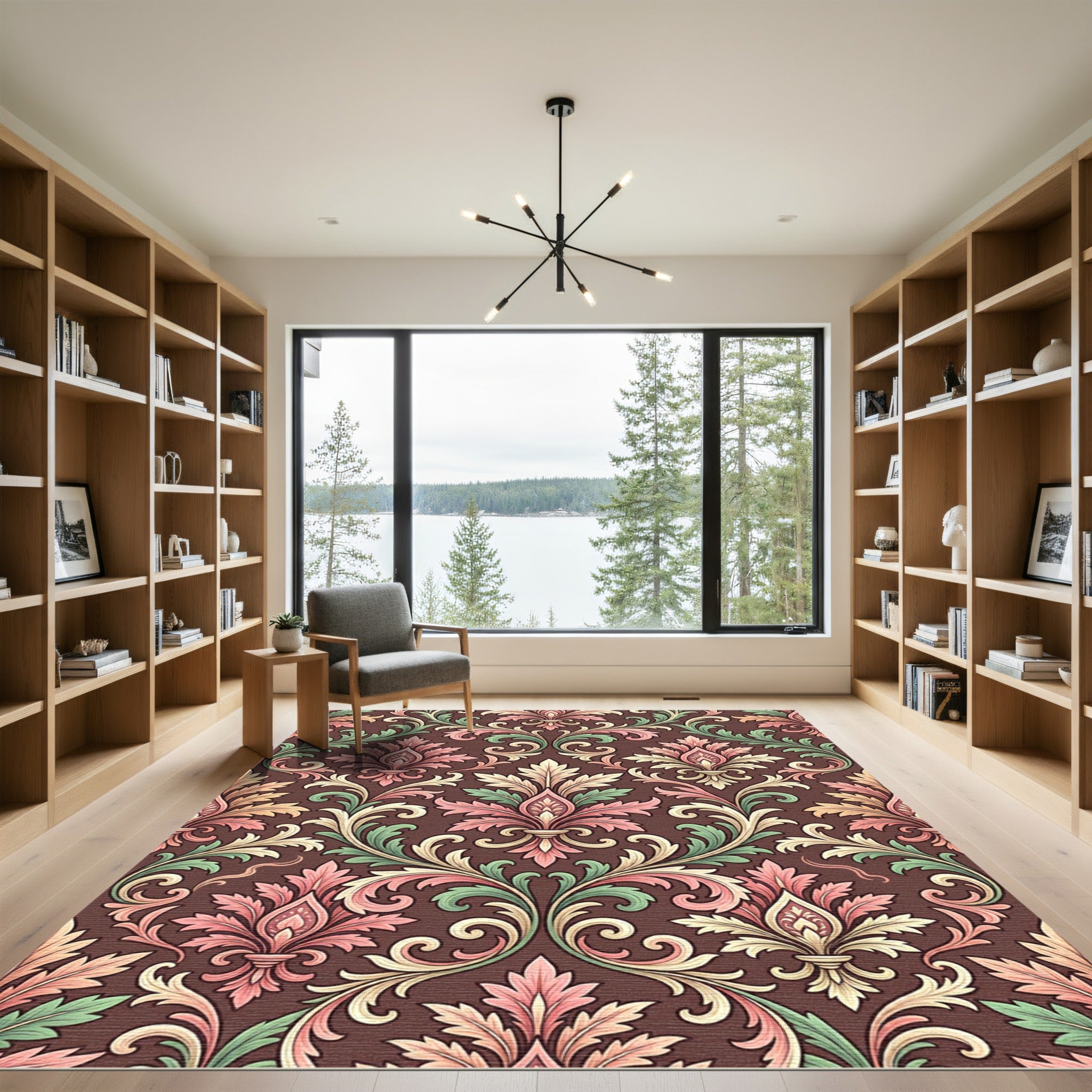 Ornate Floral Scrollwork Brown Rug