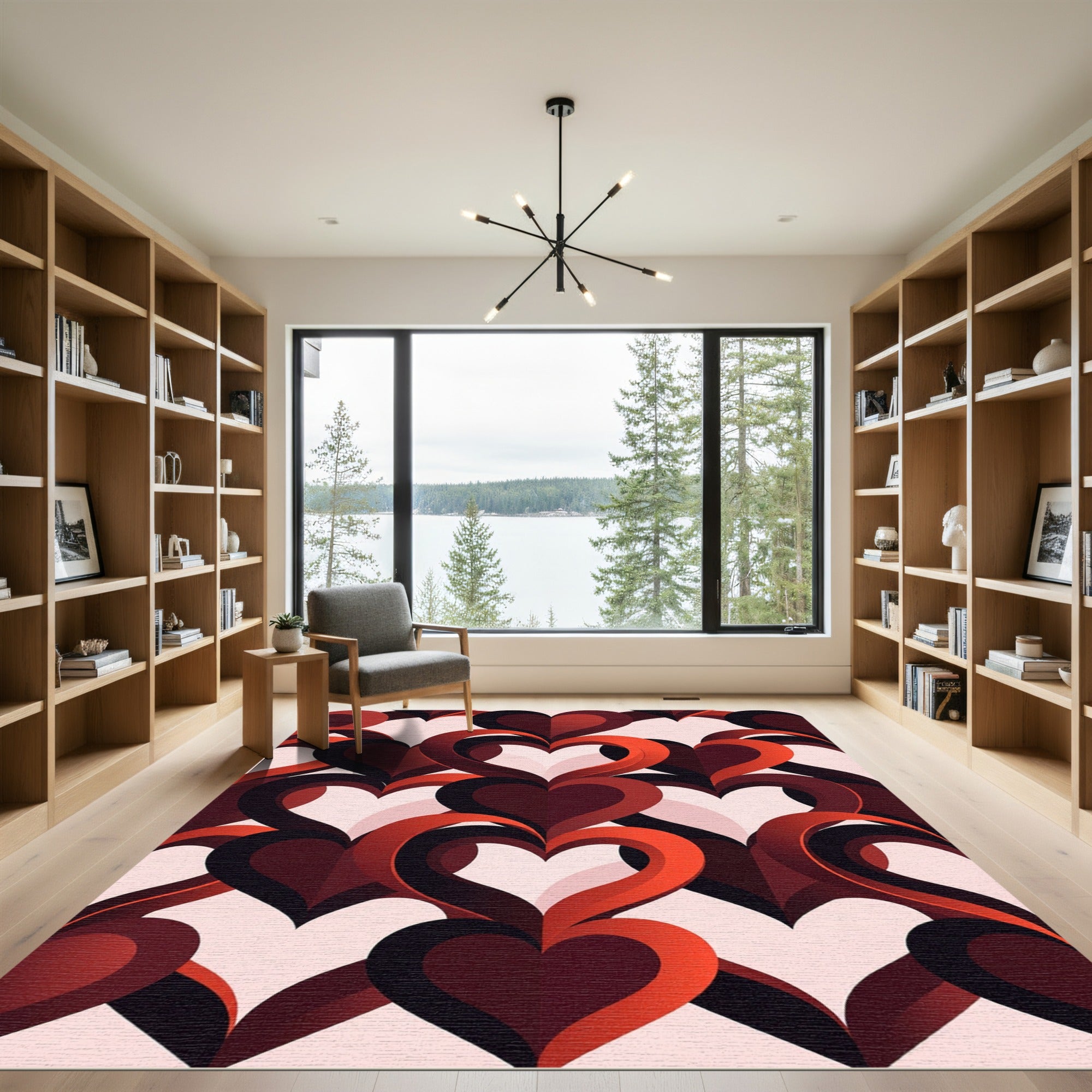Modern Radiant Red Layered Heart Rug