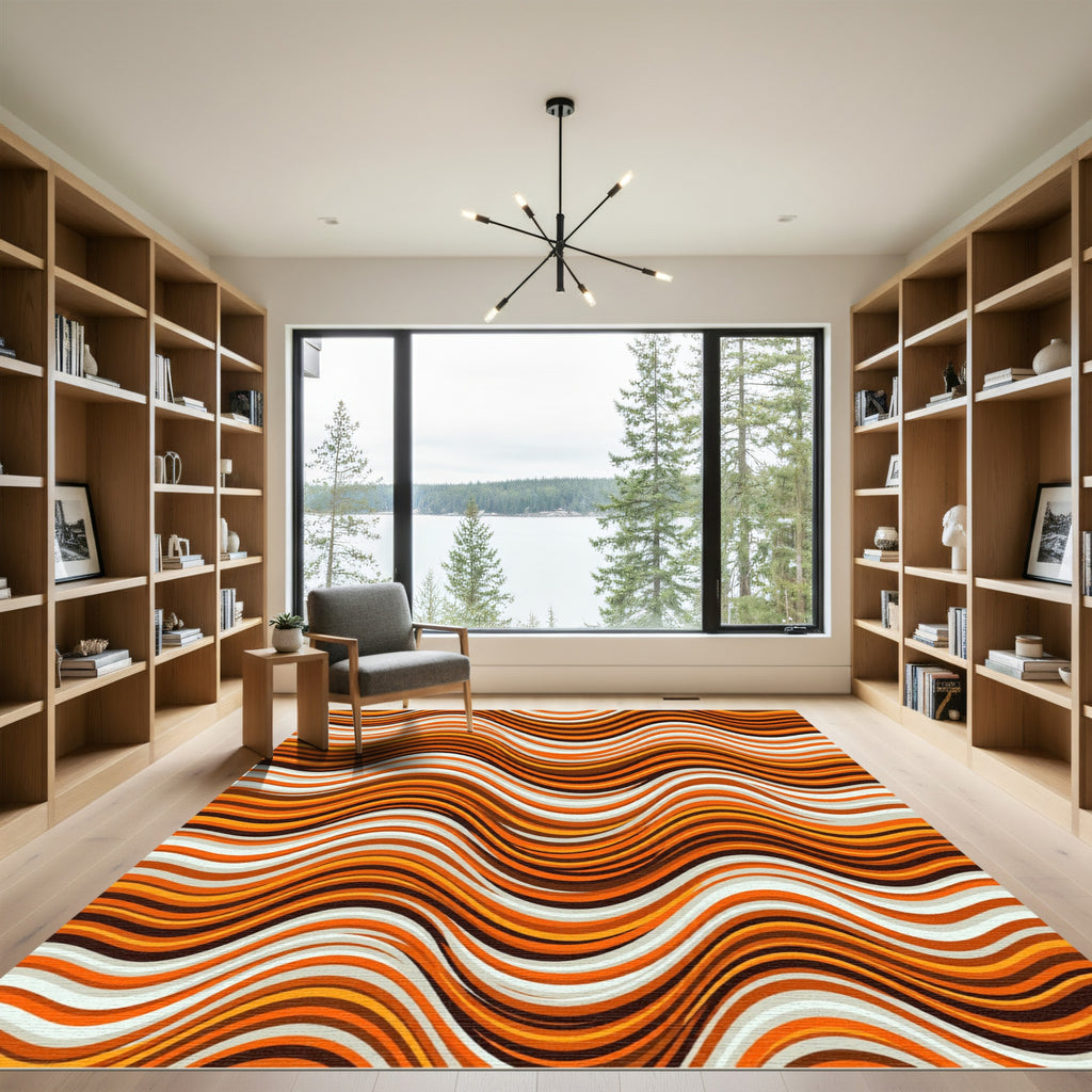 Warm Retro Wavy Terracotta Striped Rug