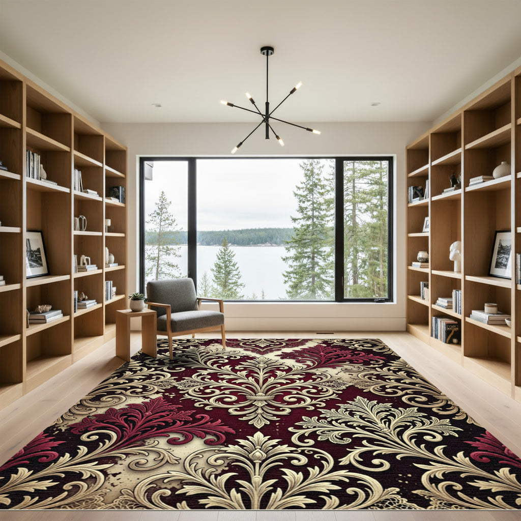 Burgundy and Cream Ornate Floral Damask Rug