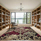 Burgundy and Cream Ornate Floral Damask Rug