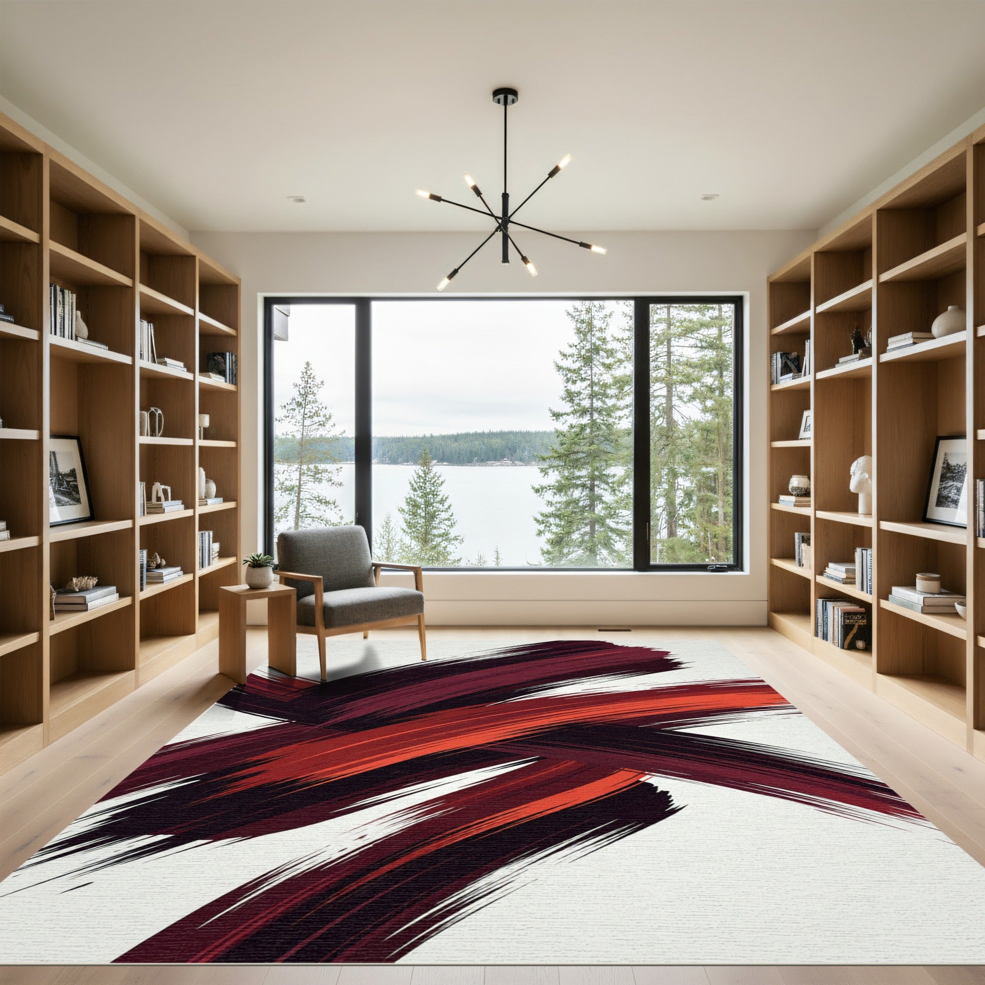 Bold Crimson Abstract Ink Brush Strokes Rug