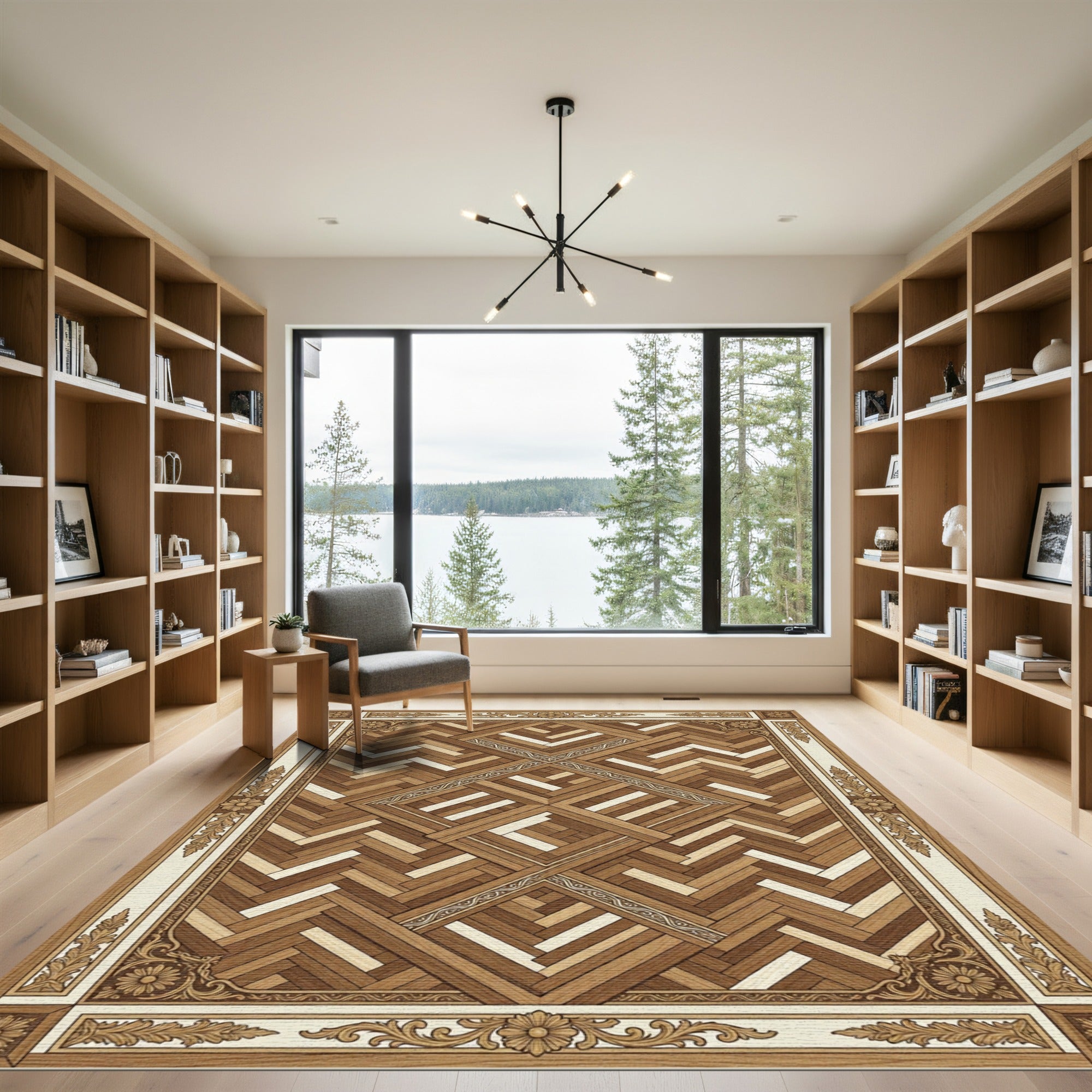 Elegant Wood Tone Parquet Border Rug