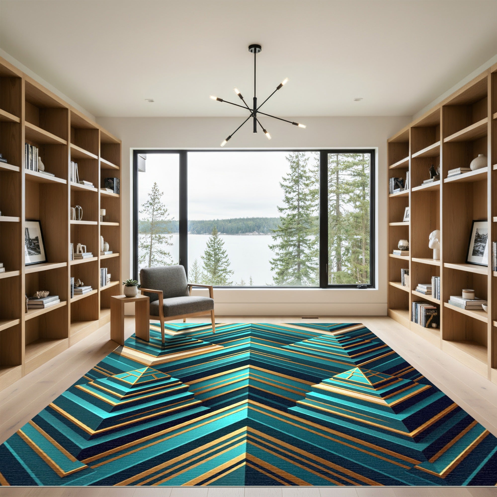 Geometric Teal Gold Pyramid Steps Rug