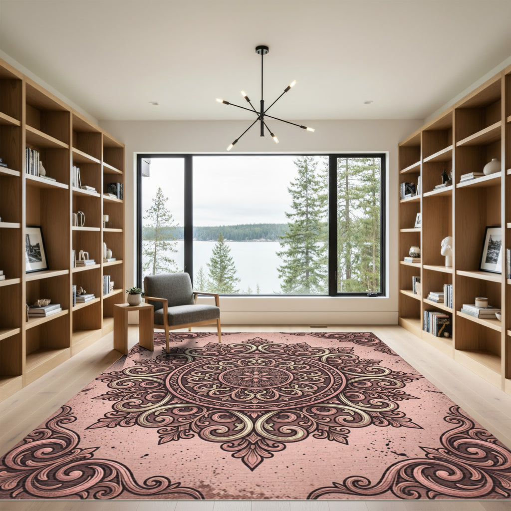 Elegant Dusty Rose Ornate Mandala Rug