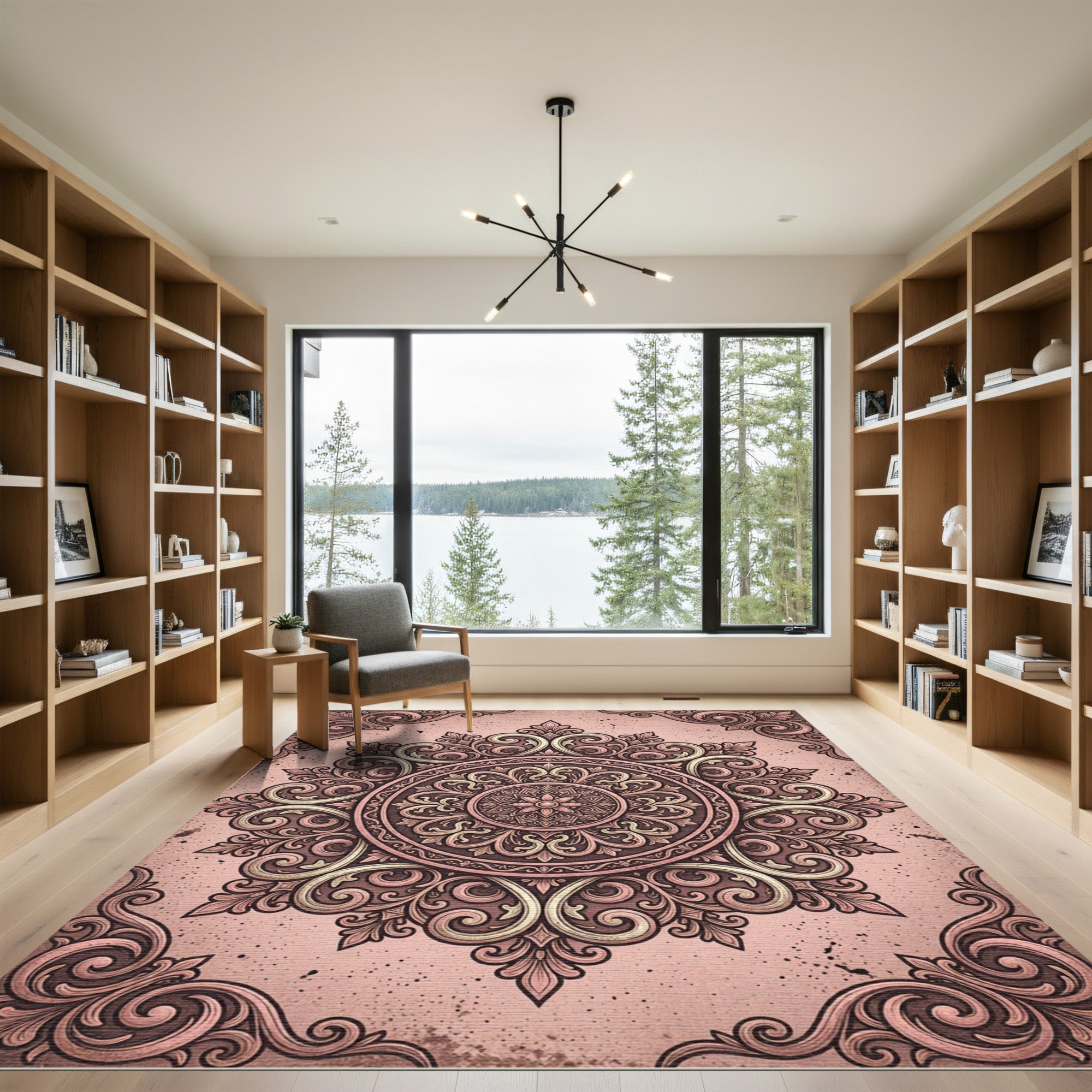 Elegant Dusty Rose Ornate Mandala Rug