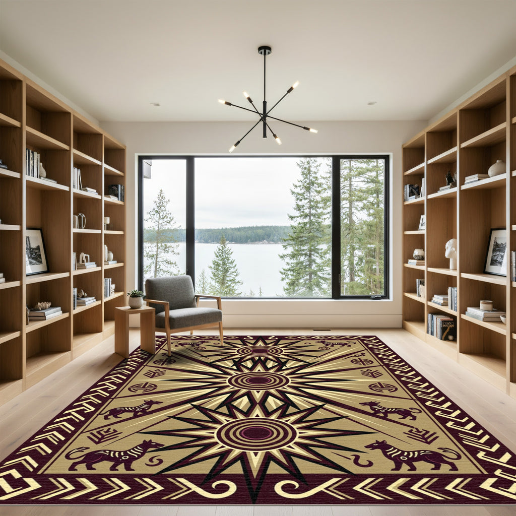 Ancient Black Starburst Dog Motif Rug