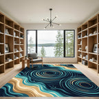 Modern Teal and Sand Abstract Ripple Rug