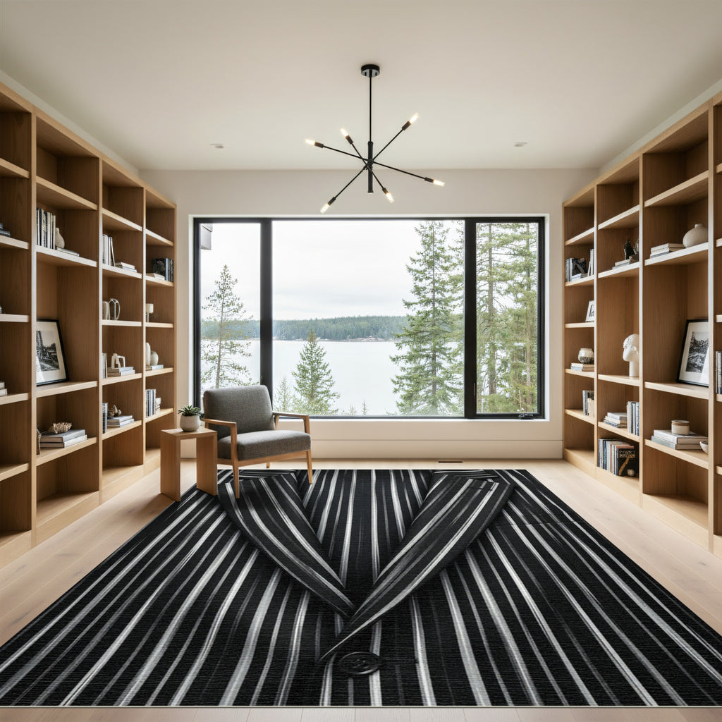 Bold Black White Pinstripe Textured Rug
