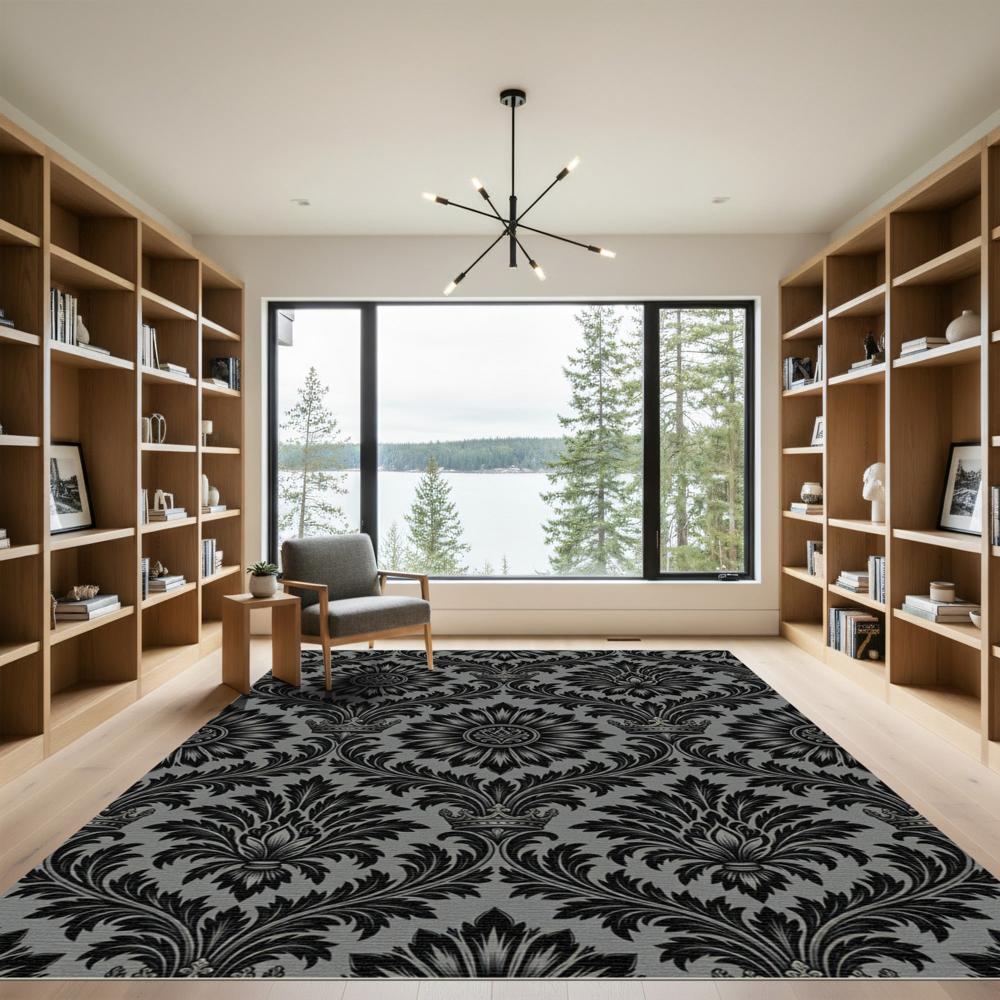 Regal Black Damask Crown Ornament Rug