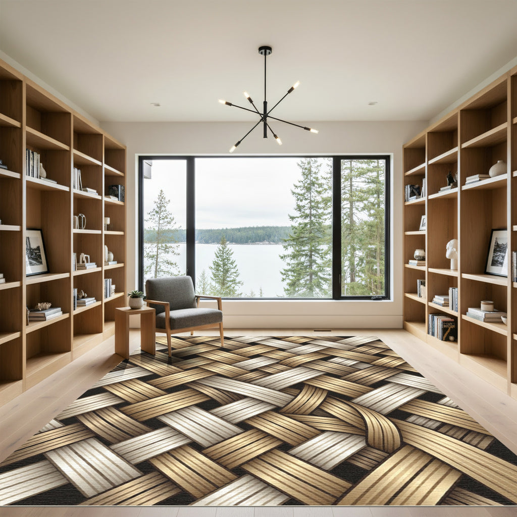 Metallic Gold Ivory Woven Interlocking Texture Rug