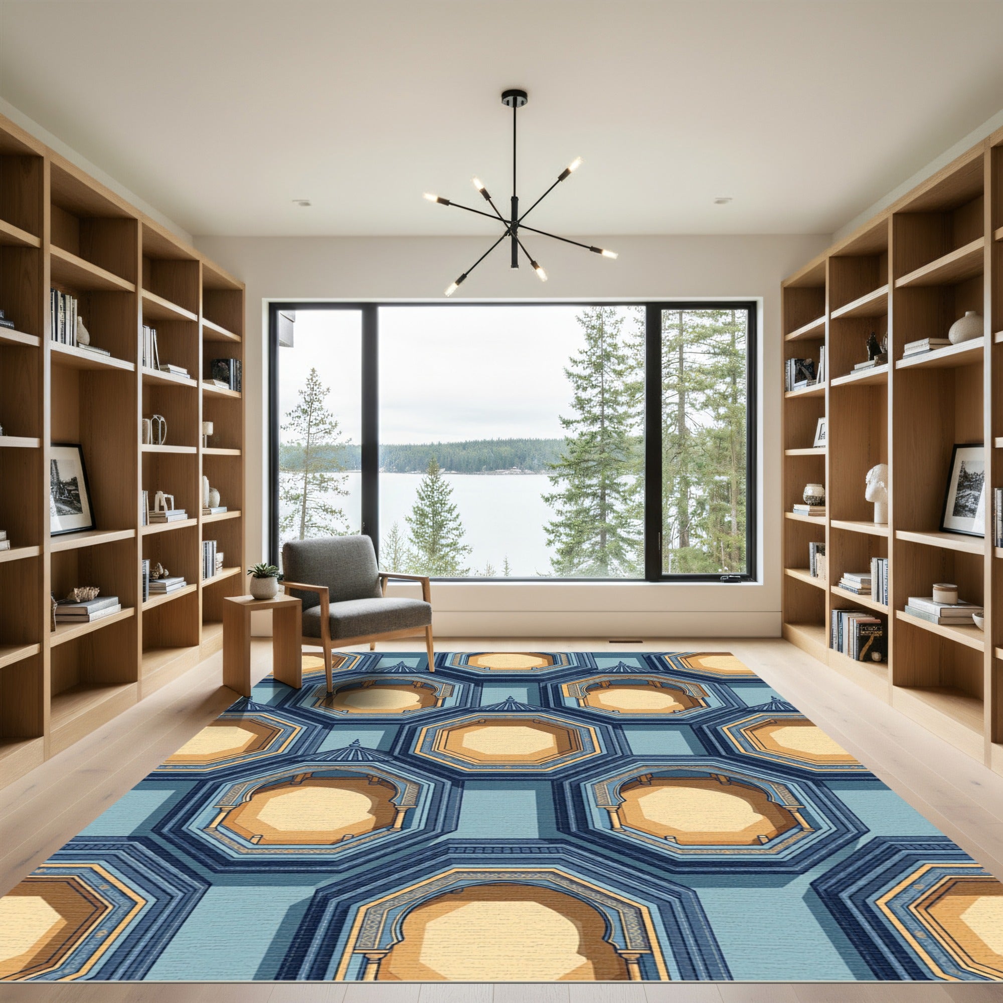 Geometric Octagonal Arch Blue Gold Architecture Structure Rug