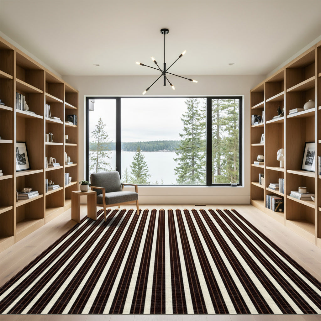 Minimalist Chocolate and Cream Vertical Pinstripe Rug