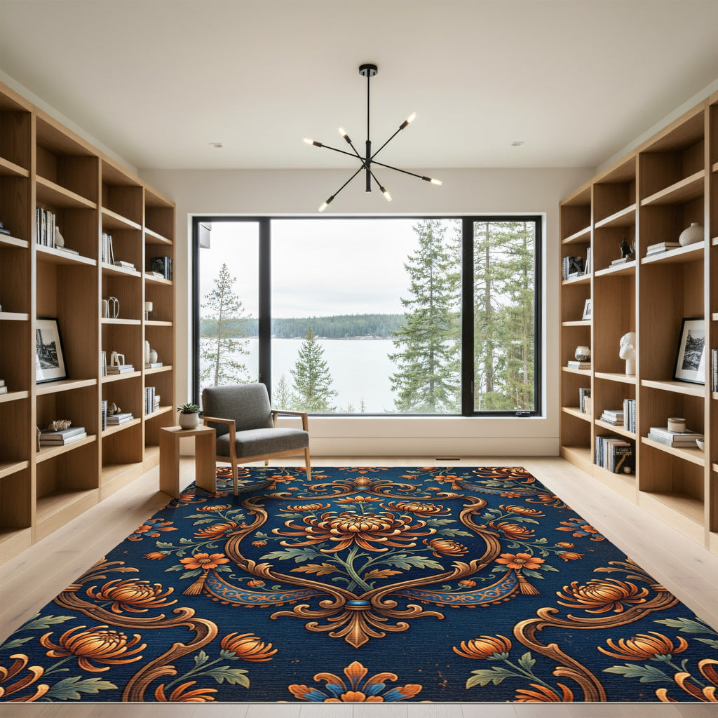 Gold Floral Medallion on Deep Blue Rug