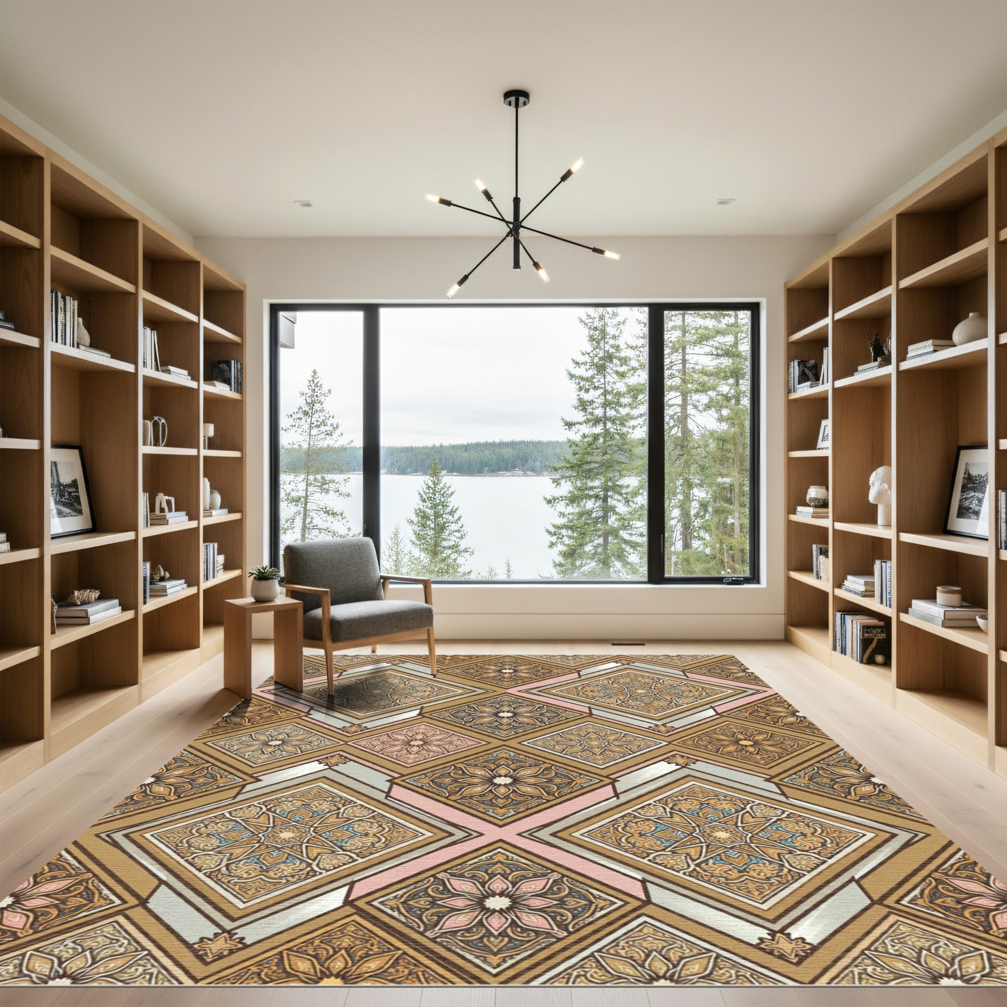 Ornate Gold Floral Geometric Mosaic Rug
