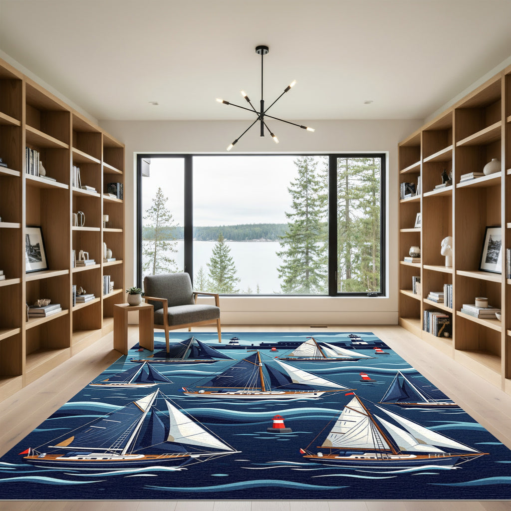 Nautical Navy Sailboat Oceanic Wave Scene Rug