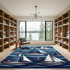 Nautical Navy Sailboat Oceanic Wave Scene Rug