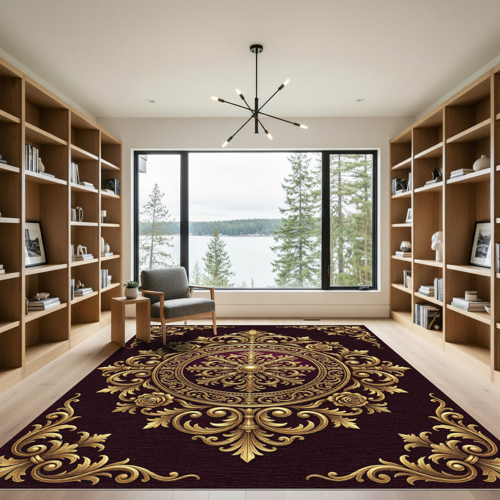 Ornate Gold Floral Medallion Burgundy Rug