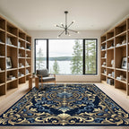 Elegant Navy Gold Baroque Floral Medallion Rug