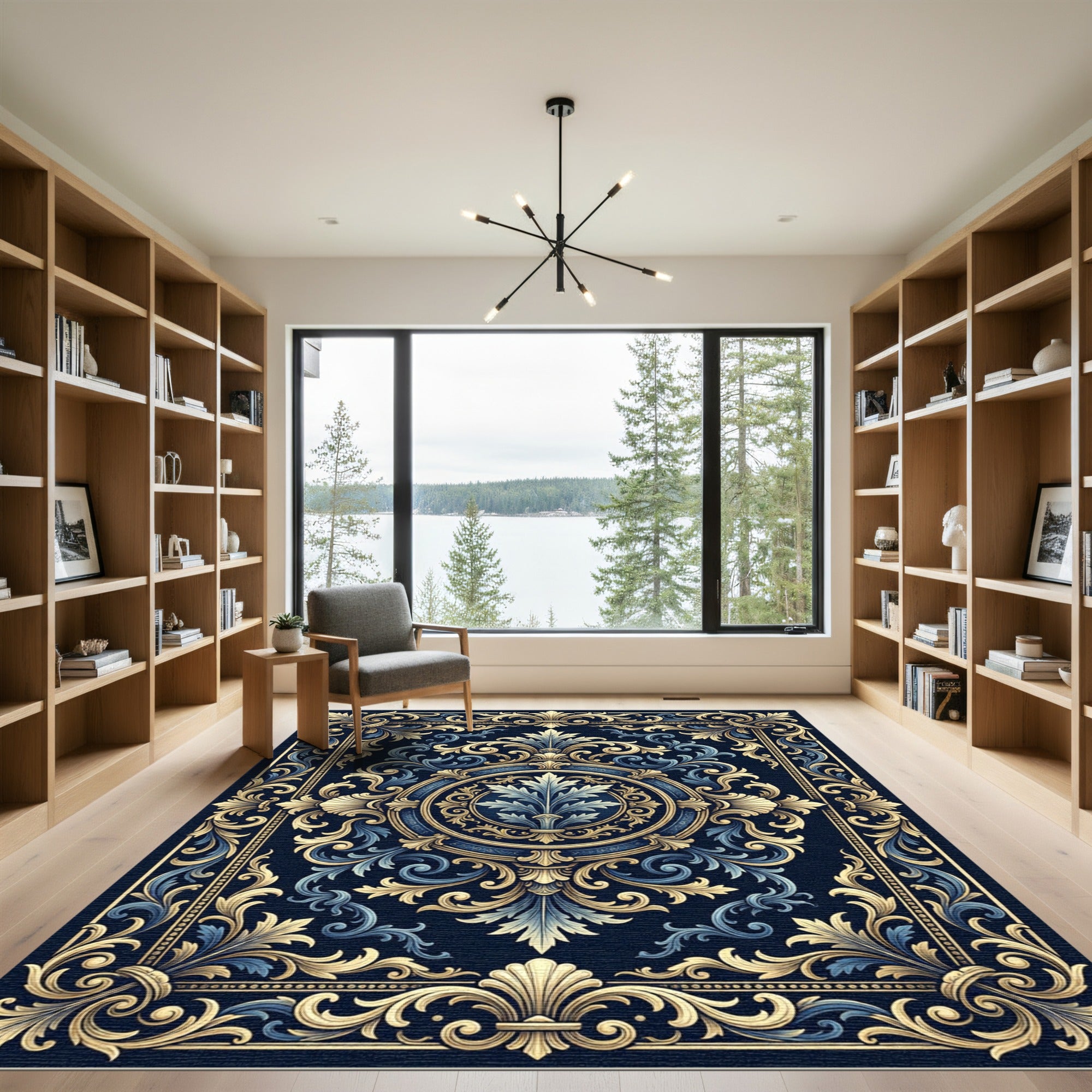 Elegant Navy Gold Baroque Floral Medallion Rug