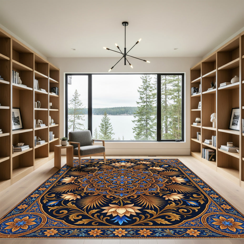 Ornate Blue and Gold Lotus Medallion Rug