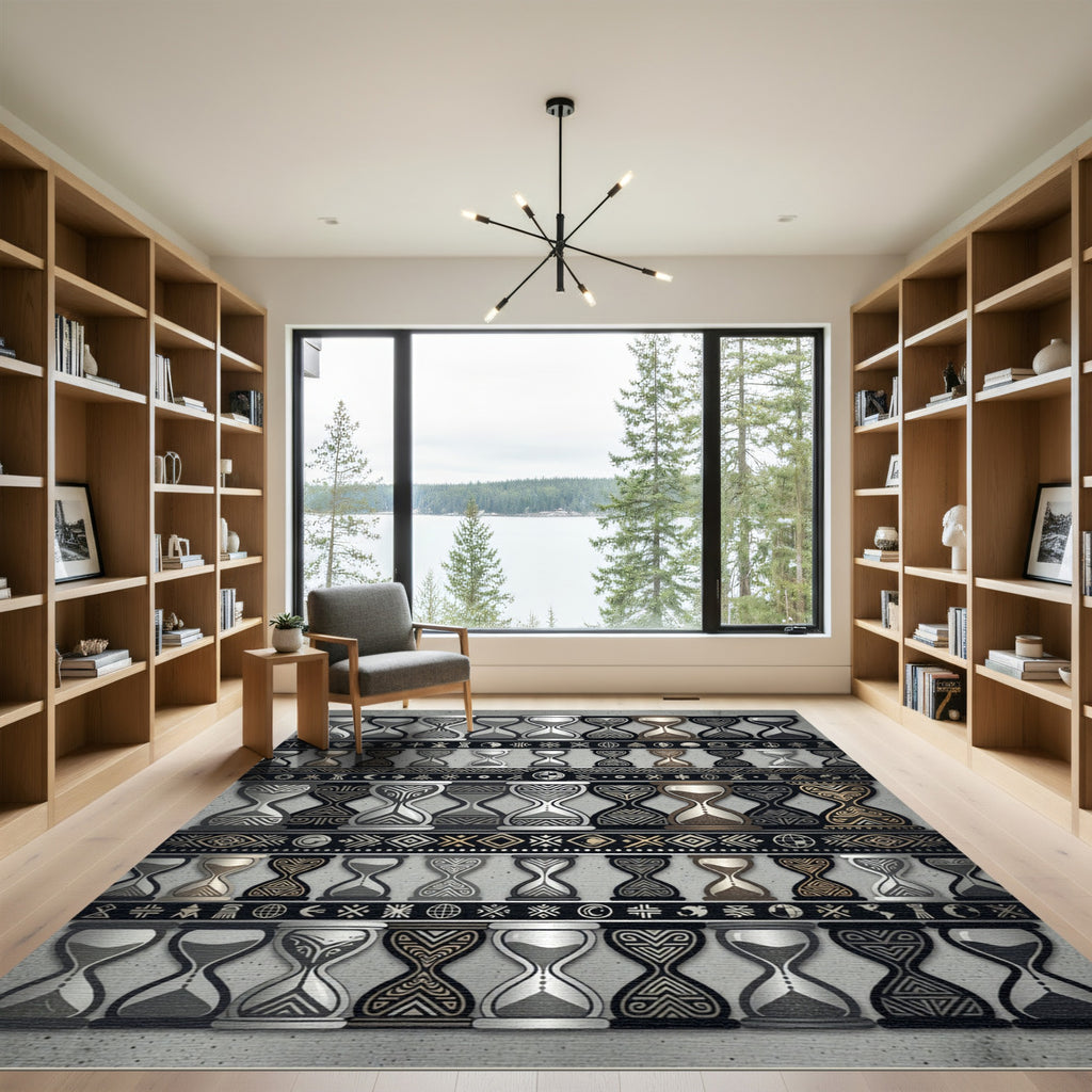Ornate Hourglass Pattern Black Gold Rug