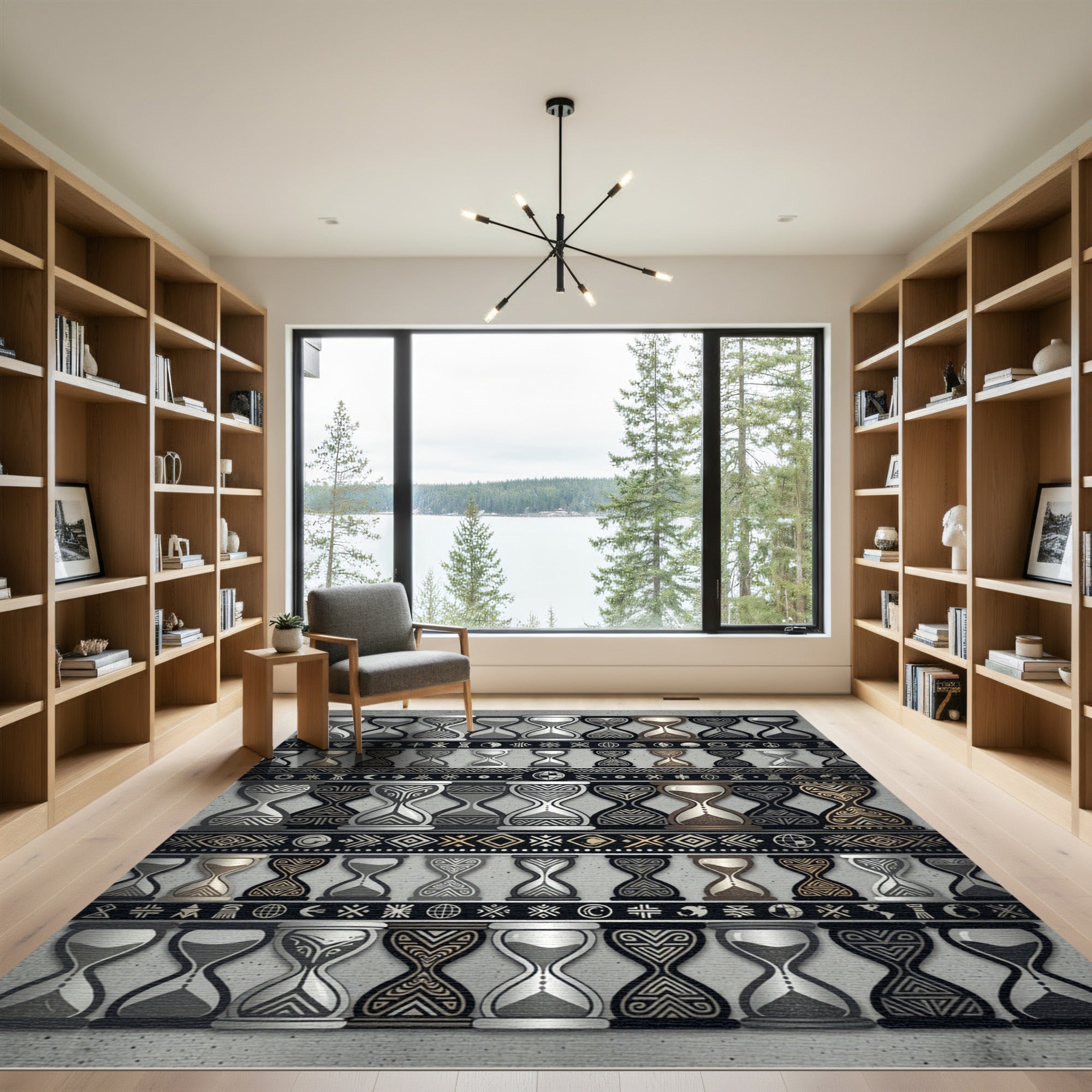 Ornate Hourglass Pattern Black Gold Rug