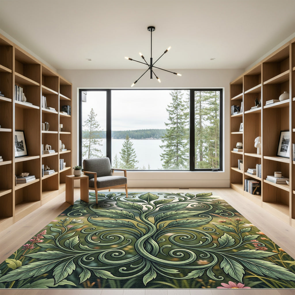 Symmetrical Sage Leaf Scroll Garden Art Rug