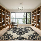 Ornate Charcoal Damask Scroll Filigree Rug
