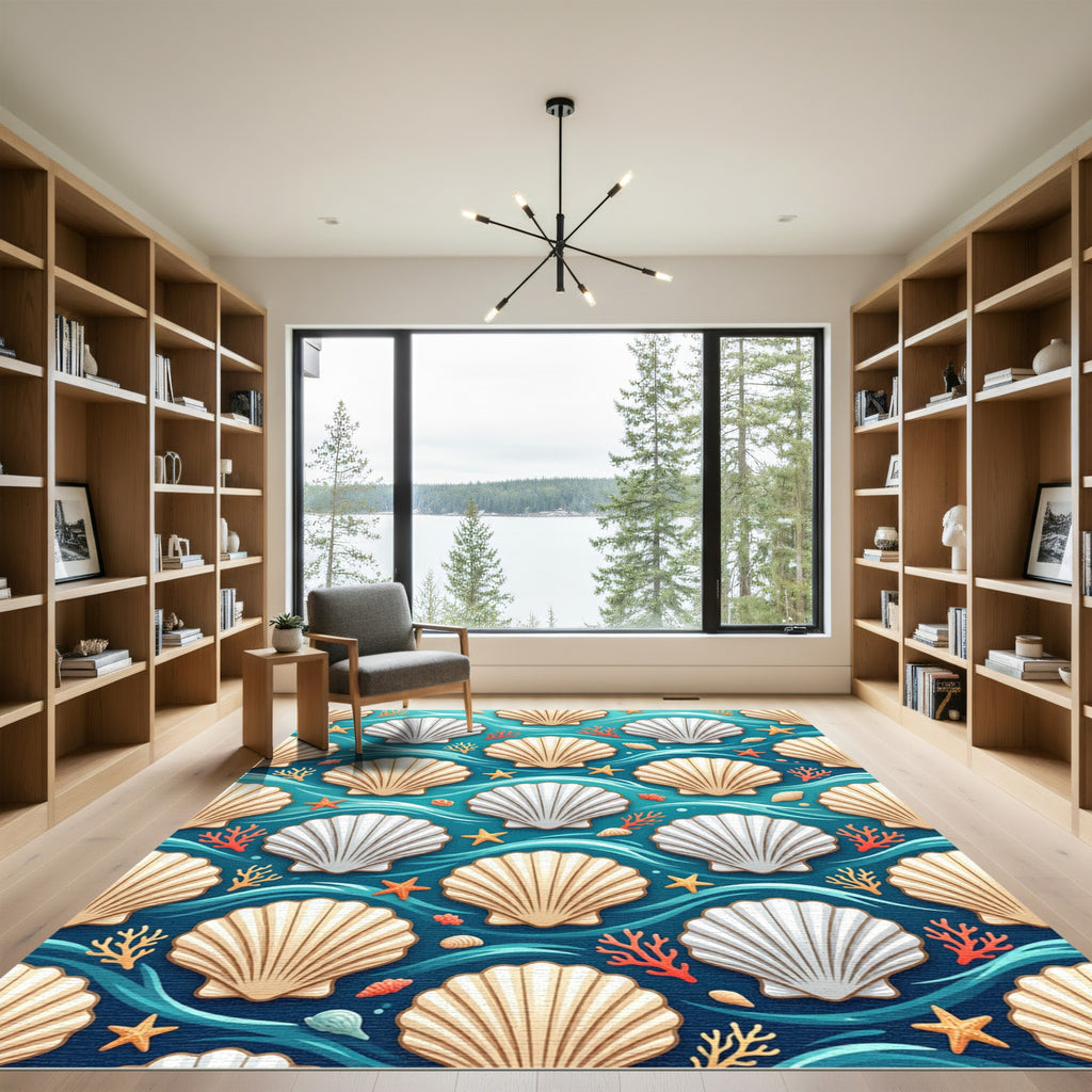Coastal Seashell Summer Wave Ocean Blue Rug