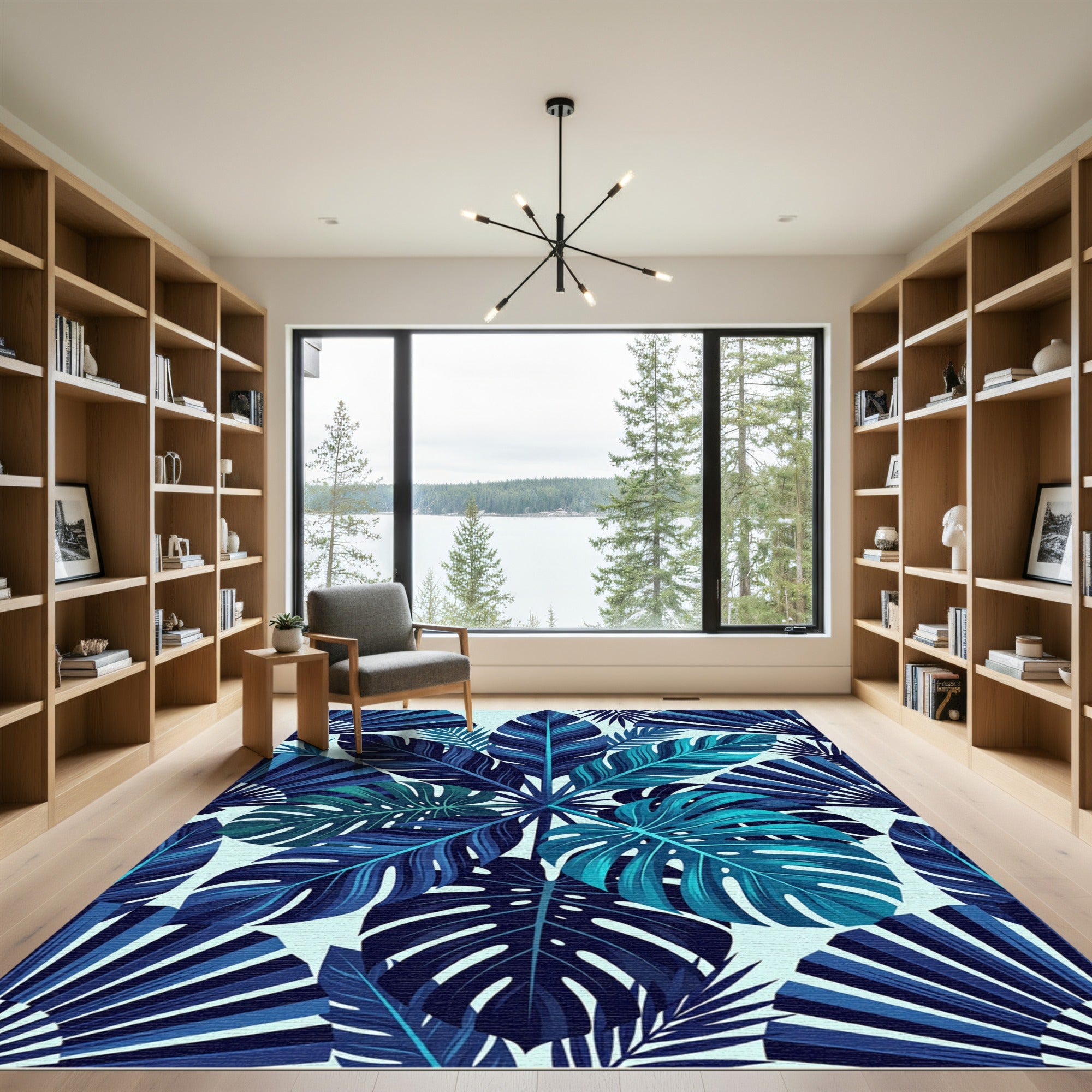 Deep Blue Tropical Leaf Fan Rug