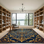 Royal Navy Gold Ornate Scroll Medallion Rug