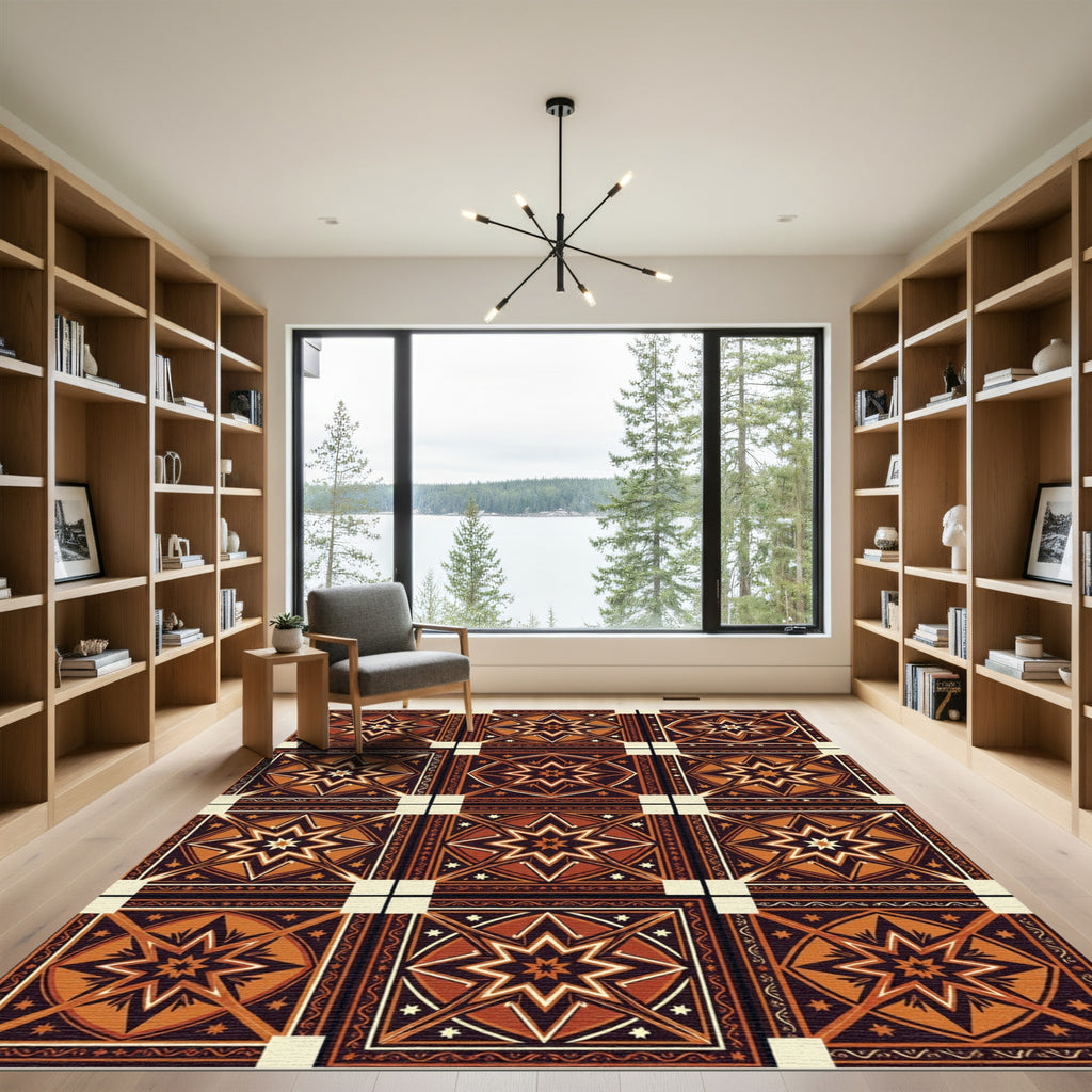 Warm Orange Starburst Geometric Arrangement Rug