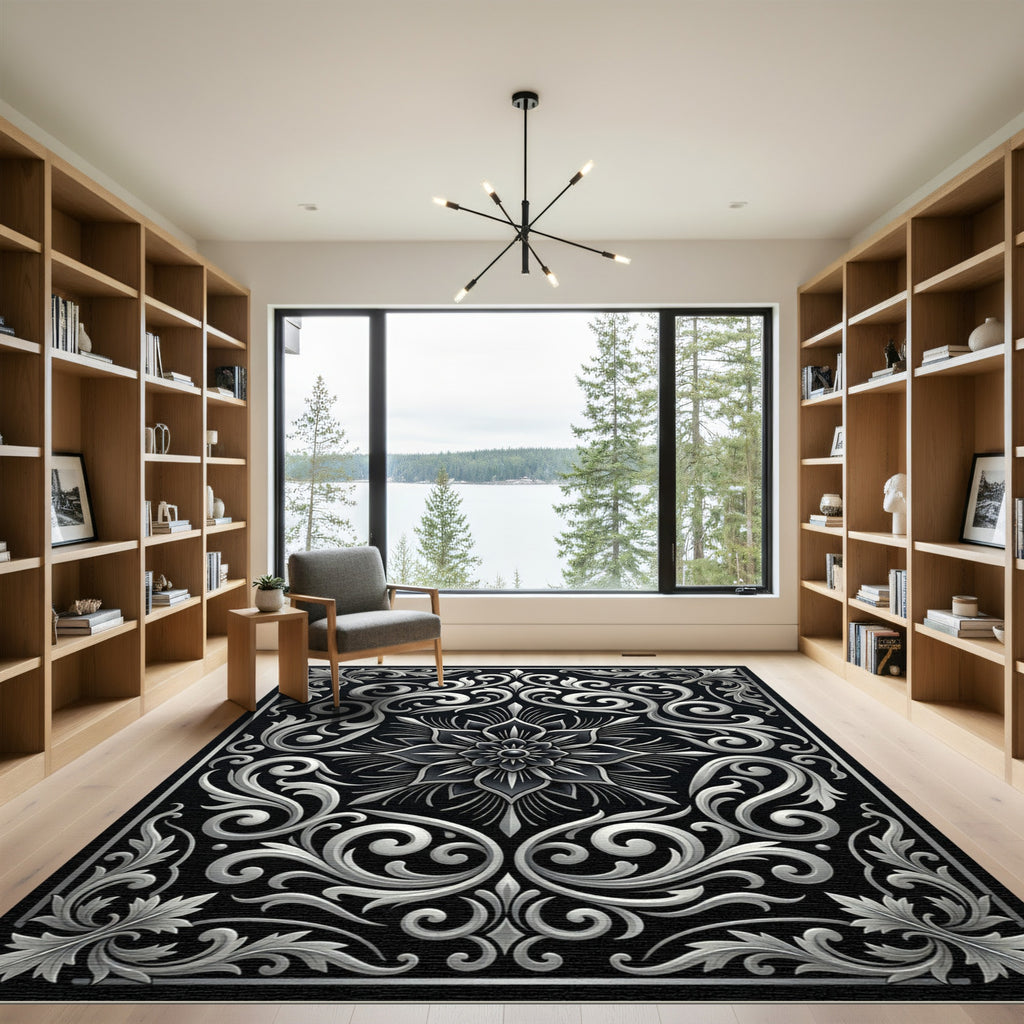 Ornate Black Silver Floral Scroll Rug