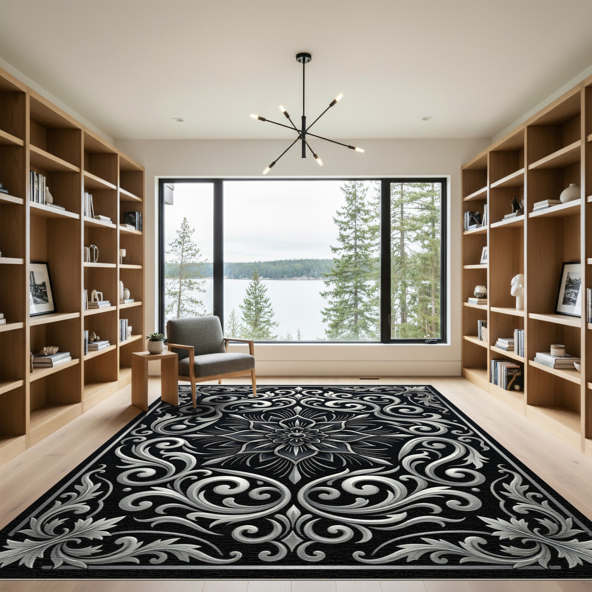 Ornate Black Silver Floral Scroll Rug