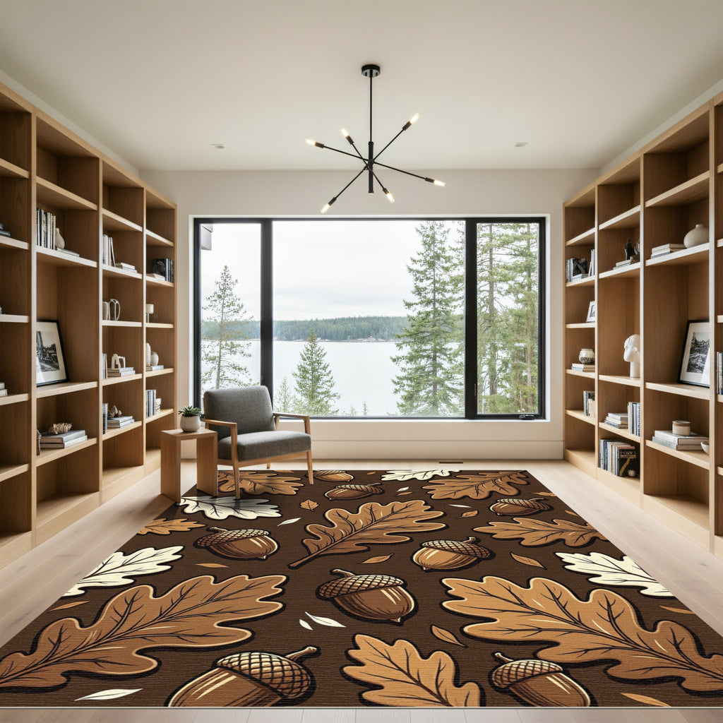 Earthy Brown Oak Leaf Acorn Arrangement Rug