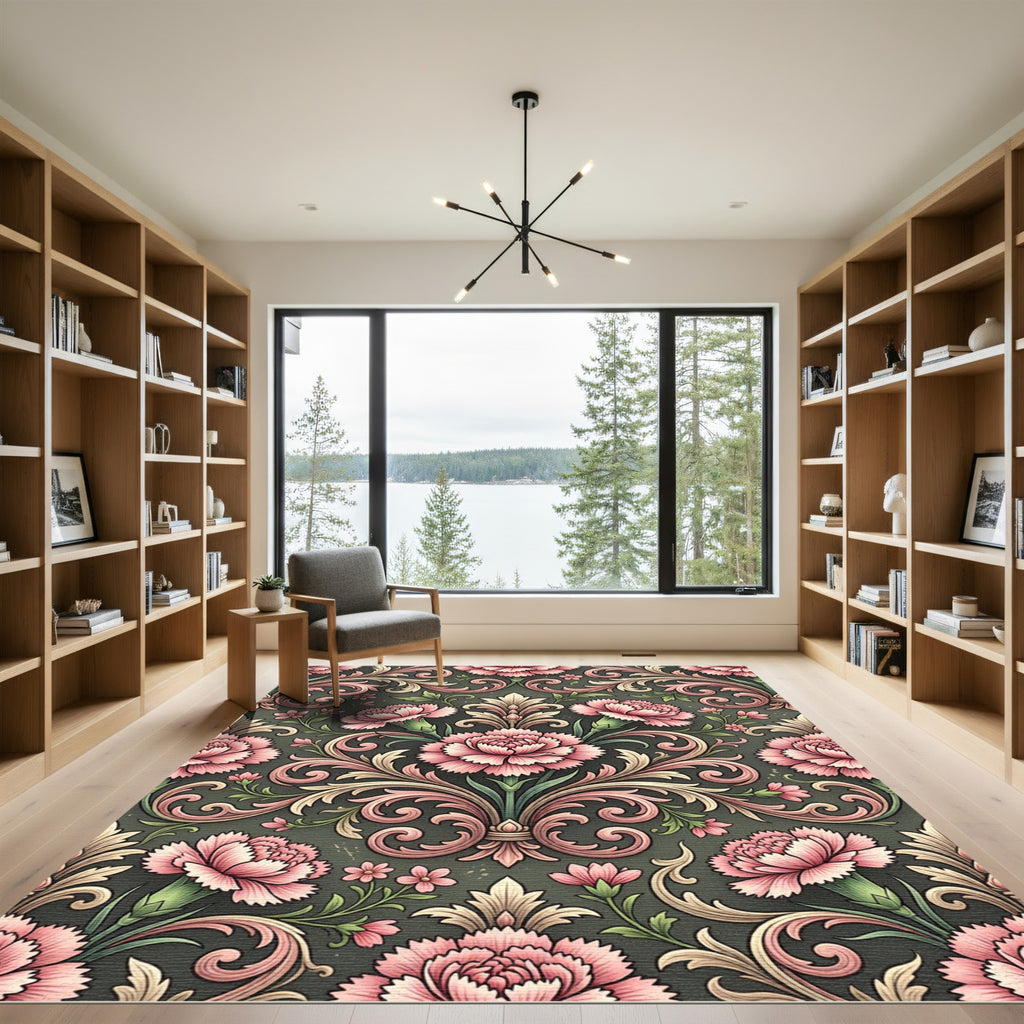 Vintage Pink Carnation Damask Scroll Rug