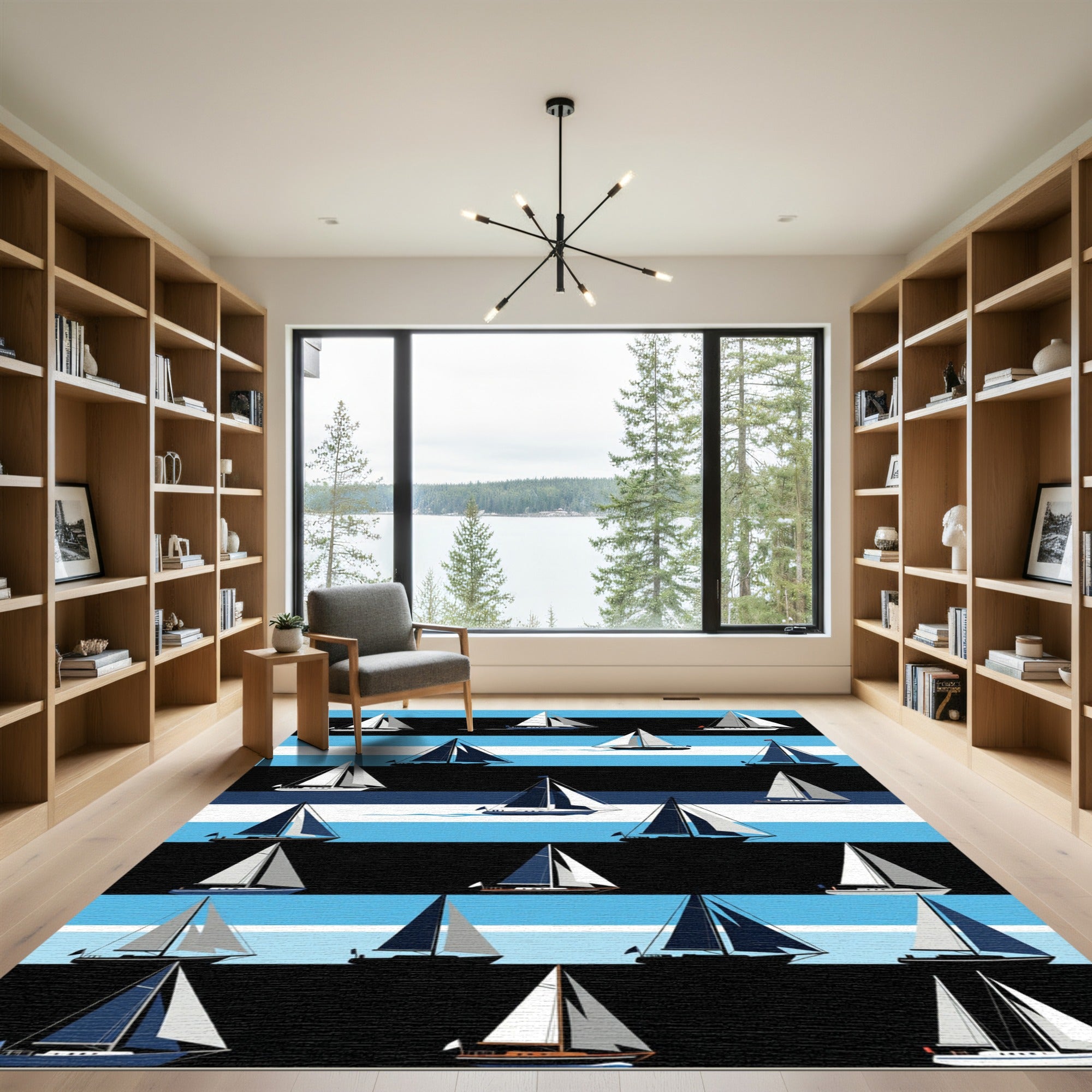 Navy Blue Sailboat Nautical Stripes Rug