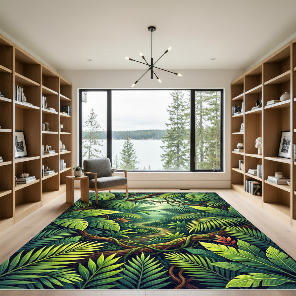 Lush Green Tropical Foliage Jungle View Rug